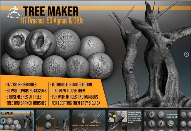 Artstation – Tree Maker: 117 ZBrush Brushes, 50 Alphas and 8 Tree Basemeshes