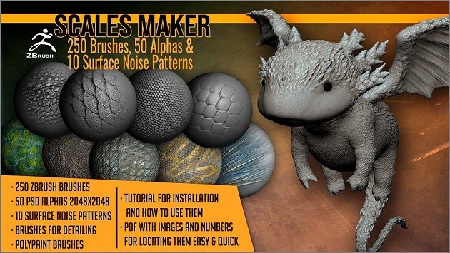 ArtStation Marketplace – Scales Maker: 250 ZBrush Brushes, 50 Alphas, and 10 Surface Patterns