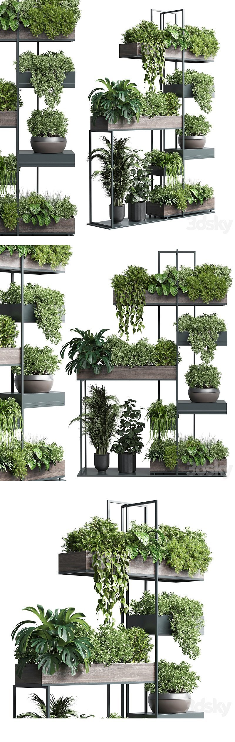 3dsky - Standing metal shelf with a set of plants in wooden and metal boxes 267 4359913 - 3D Model