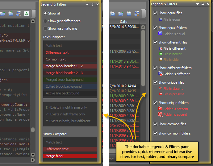 Screenshot of new dockable legends and filters dialog in UltraCompare 14.00