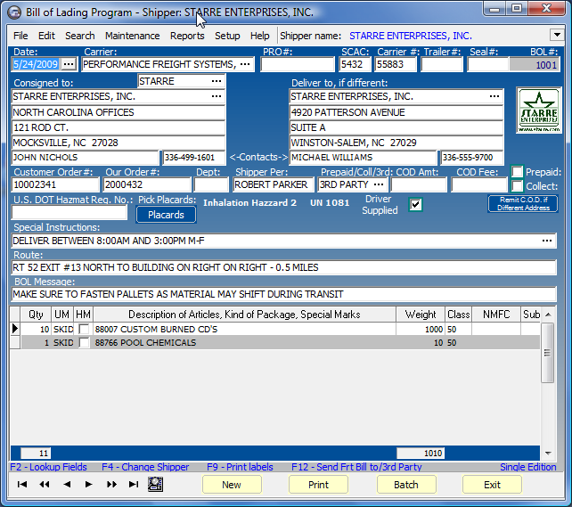 Starre Enterprises Star Bill of Lading Single User Edition & Network Edition 7.15