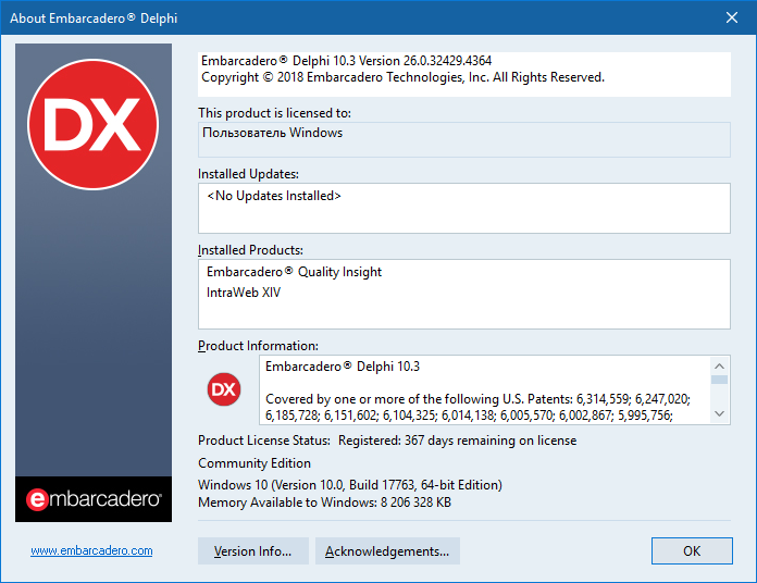 Embarcadero Delphi 10.3.0 Rio version 26.0.32429.4364 Lite 15.0