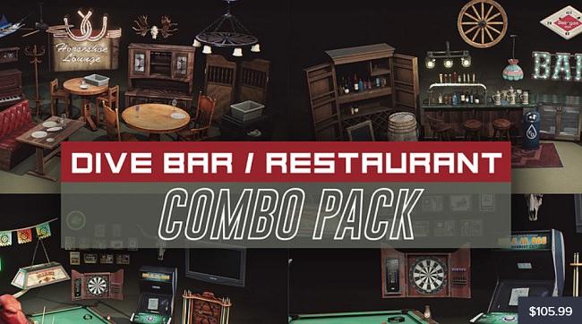 Cubebrush – Restaurant and Dive Bar Props COMBO PACK [UE4+Raw]