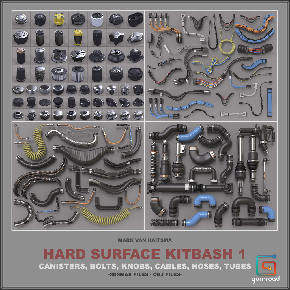 Gumroad – Hard Surface Kitbash Library 1 – Canisters/Bolts/Knobs/Cables/Hoses/Tubes