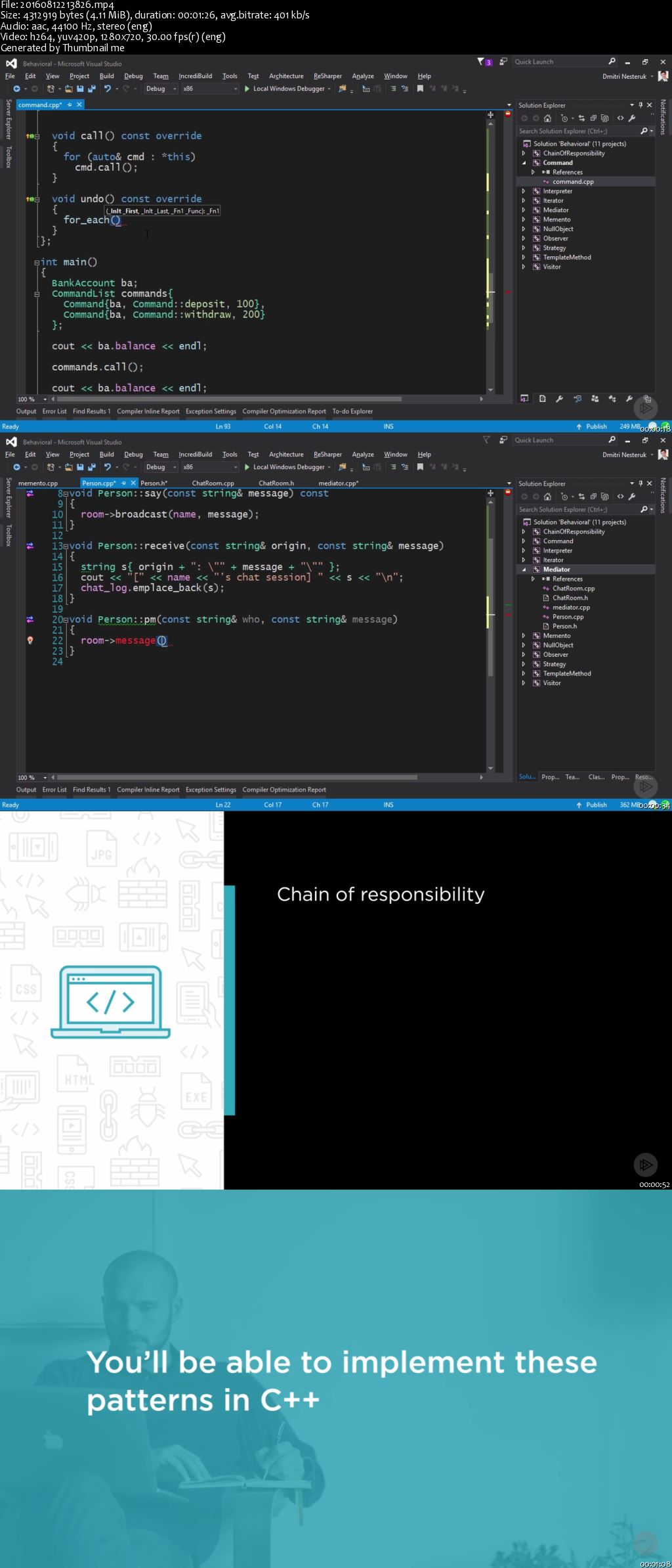 Design Patterns in C++: Behavioral - Chain of Responsibility to Memento (2016)