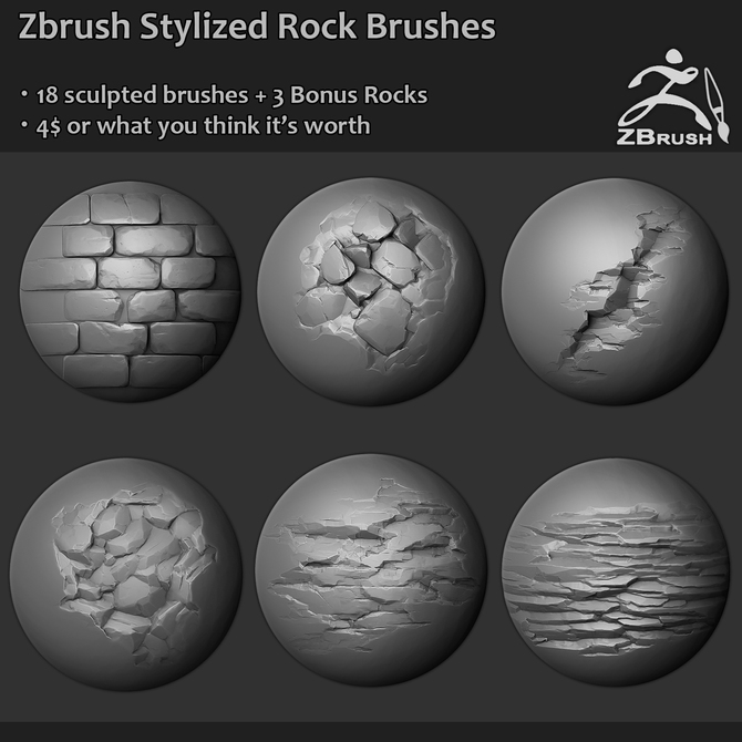 Gumroad – Zbrush – 18 Stylized Rock Brushes + 3 Ztool rock meshes and mini tutorial